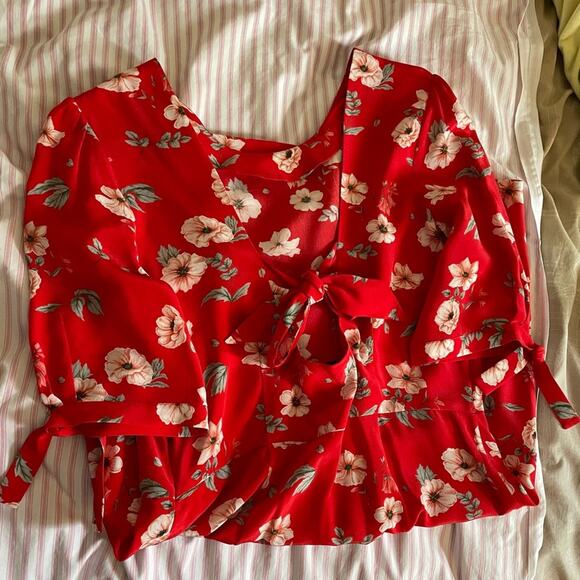 Intermix Silk Red Floral Mini dress flower shift cut out back ties bow twee sz M - Picture 11 of 13